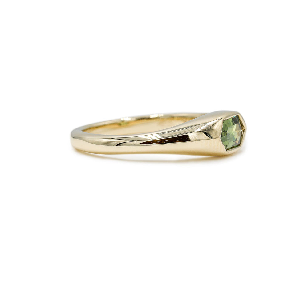 14ky .70ct Elongate Hex Teal Sapphire Ring
