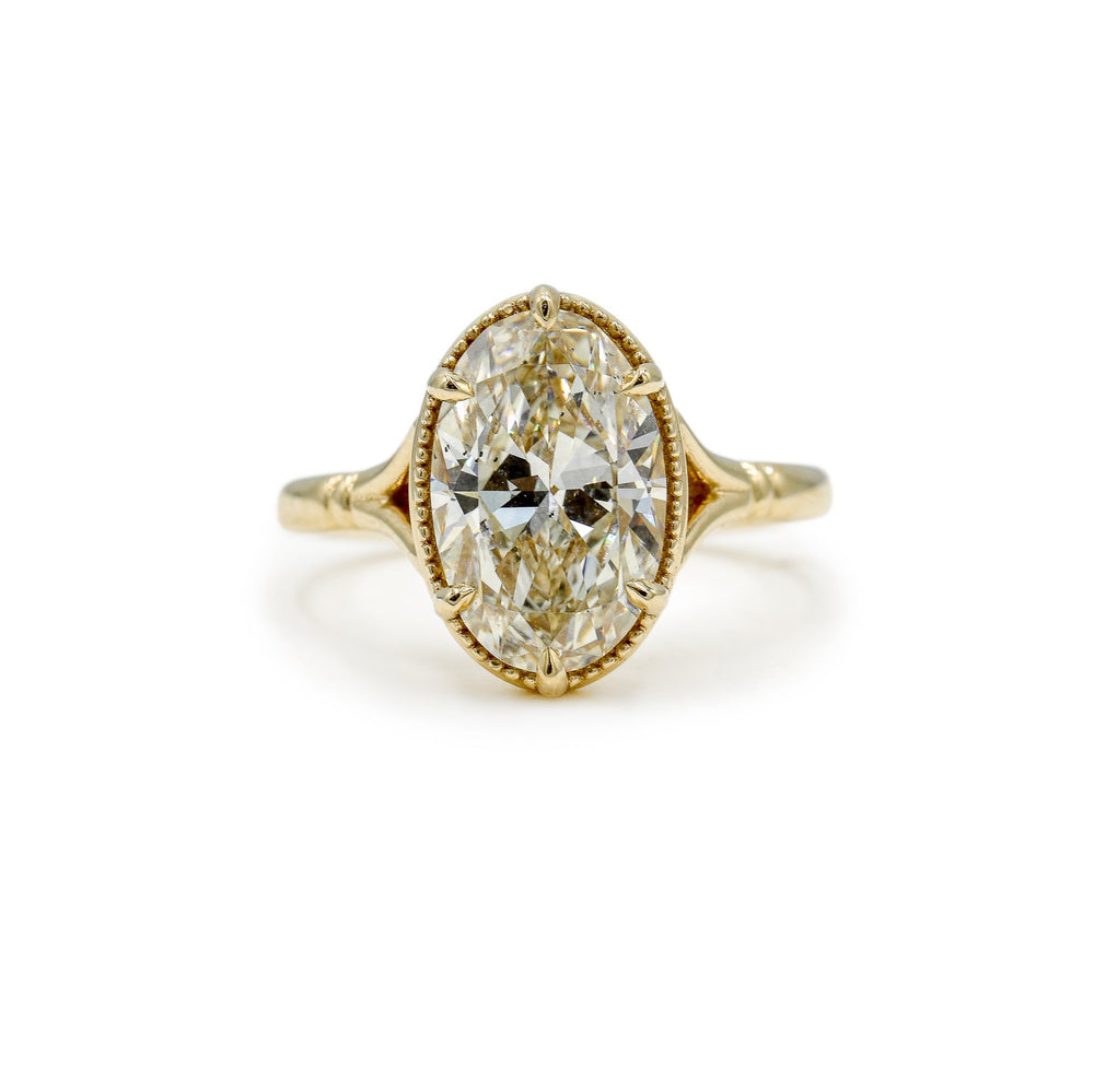 14ky 3.24ct Oval Georgian Collet Button Back Split Shank GIA Diamond Ring