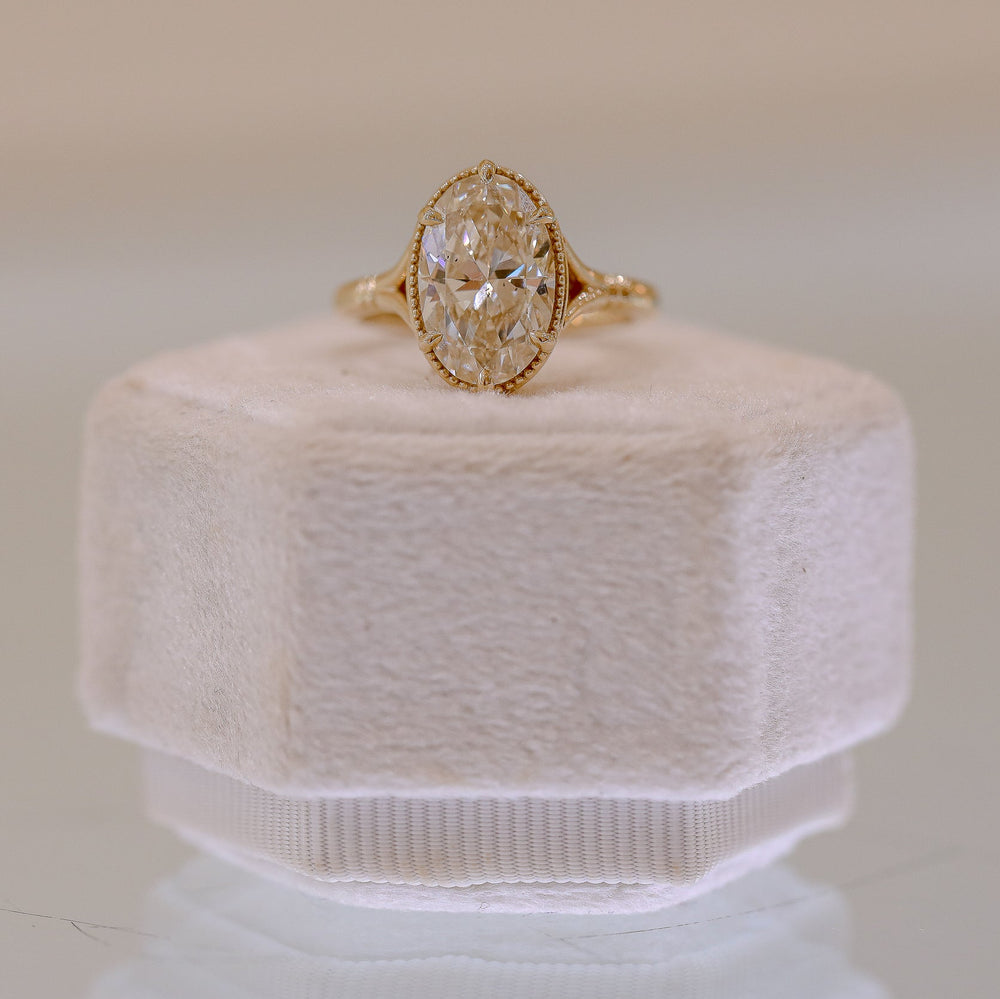 14ky 3.24ct Oval Georgian Collet Button Back Split Shank GIA Diamond Ring