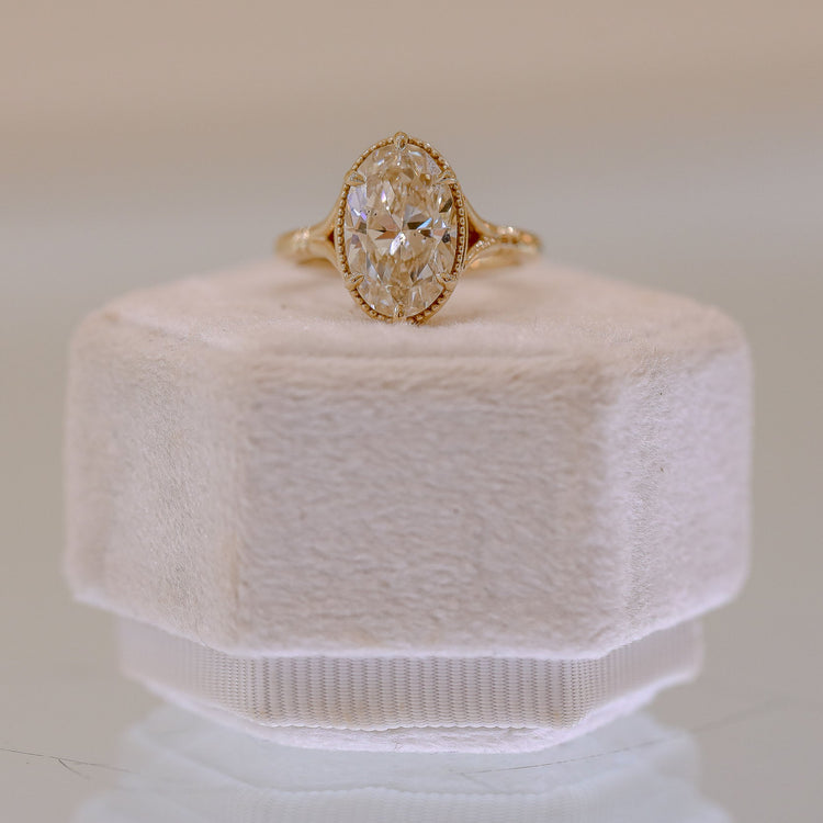 14ky 3.24ct Oval Georgian Collet Button Back Split Shank GIA Diamond Ring