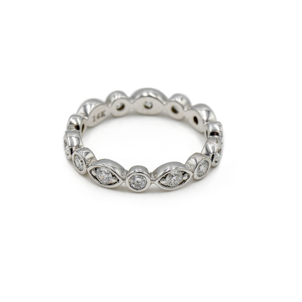 14kw .77ctw Large Marquise and Round Faux Bezel Natural Diamond Anniversary Band