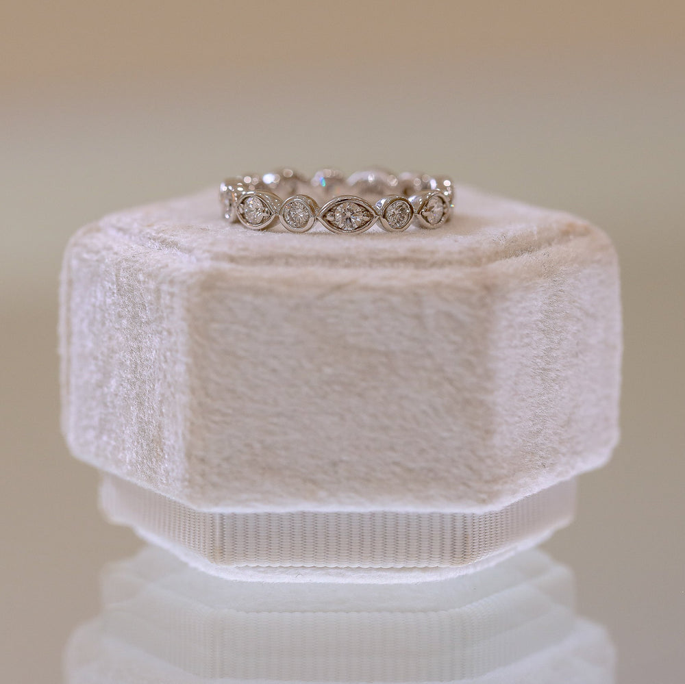 14kw .77ctw Large Marquise and Round Faux Bezel Natural Diamond Anniversary Band