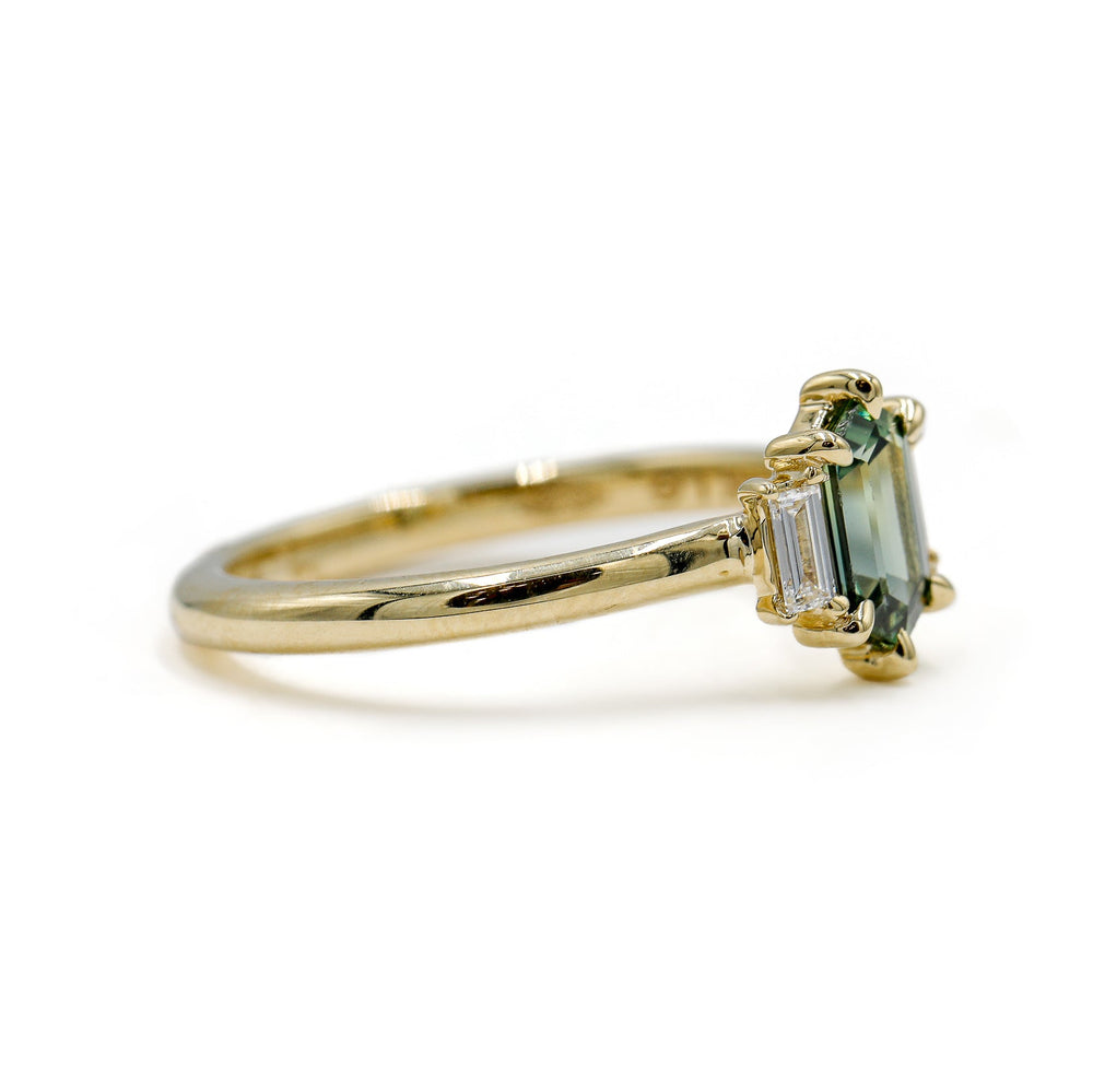 14ky .69ct Elongated Hexagon Teal Sapphire Vertical Lab Baguette Diamond Ring