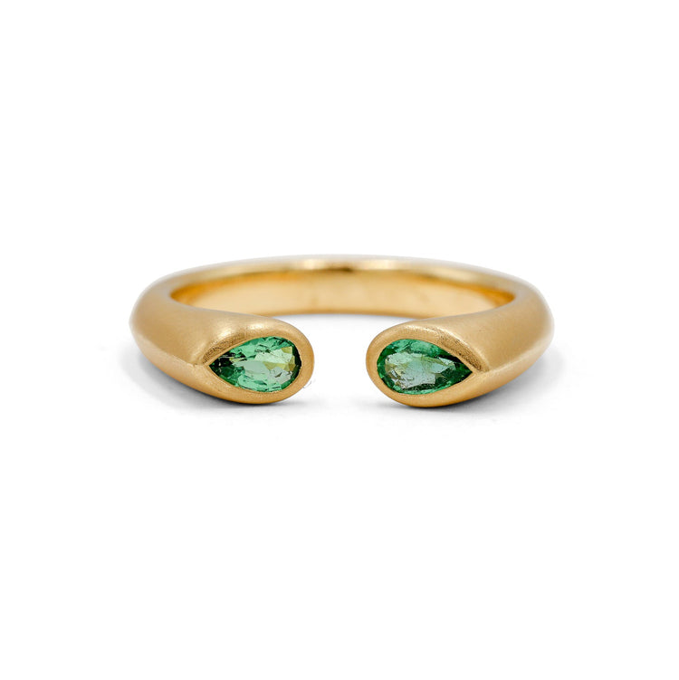 18ky .40ctw Pear Emerald 2-Stone Bezel Cuff Ring