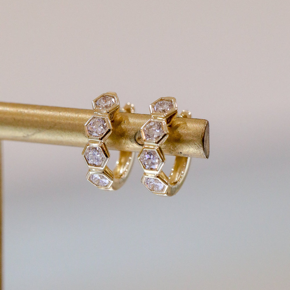 14ky .64ctw Hexagon Bezel Diamond Huggie Hoops
