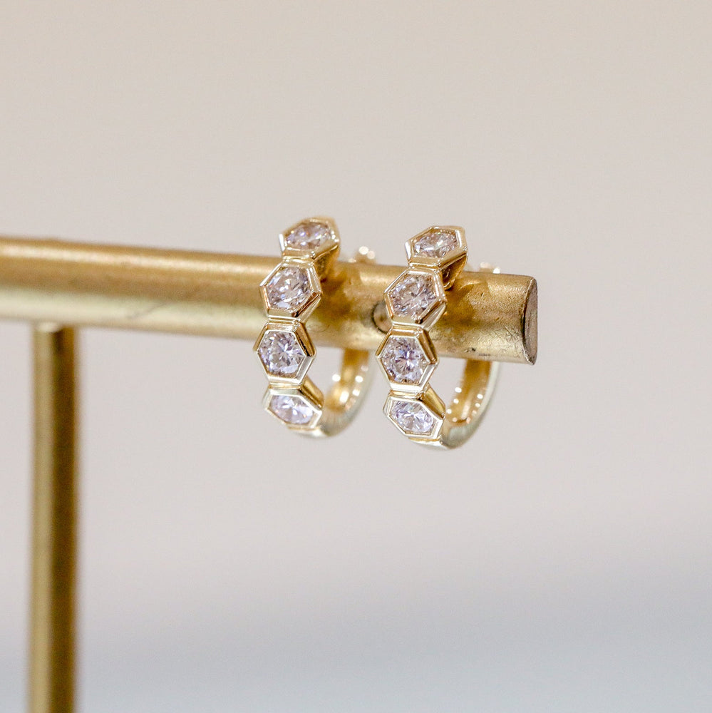 14ky .64ctw Hexagon Bezel Diamond Huggie Hoops