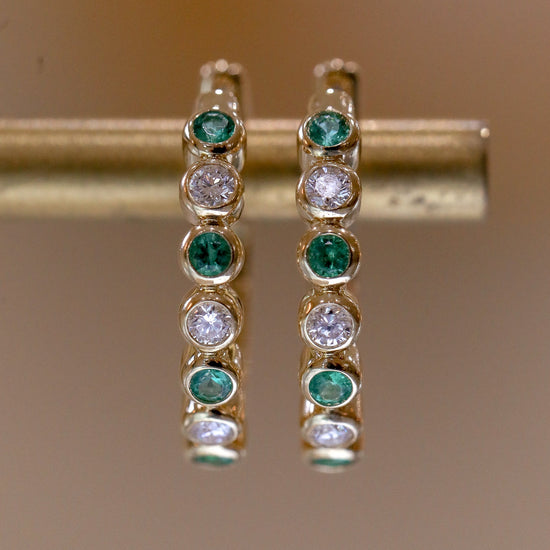 14ky .30ctw Emerald and .23ctw Diamond Bezel Hoops