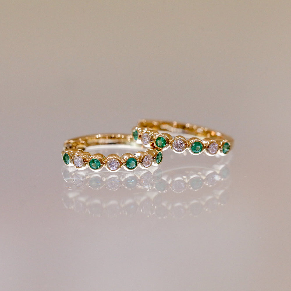 14ky .30ctw Emerald and .23ctw Diamond Bezel Hoops