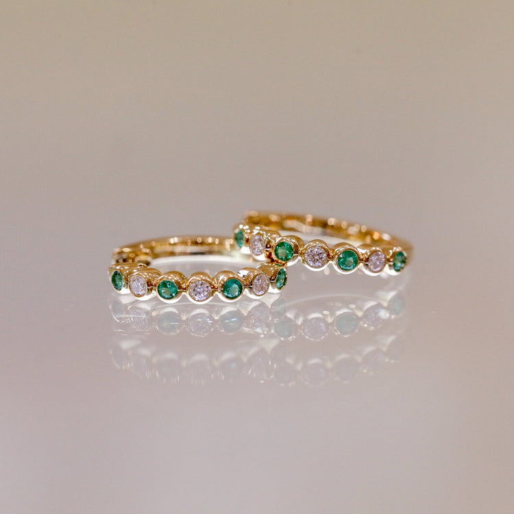 14ky .30ctw Emerald and .23ctw Diamond Bezel Hoops