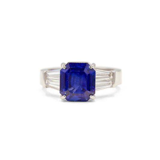 Platinum 5.55ct Vintage Emerald-Cut Sapphire 1ctw Tapered Baguette Ring