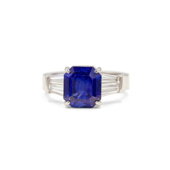 Platinum 5.55ct Vintage Emerald-Cut Sapphire 1ctw Tapered Baguette Ring