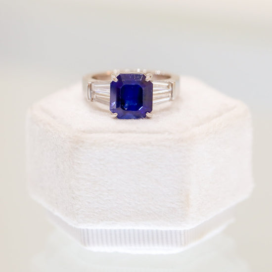 Platinum 5.55ct Vintage Emerald-Cut Sapphire 1ctw Tapered Baguette Ring