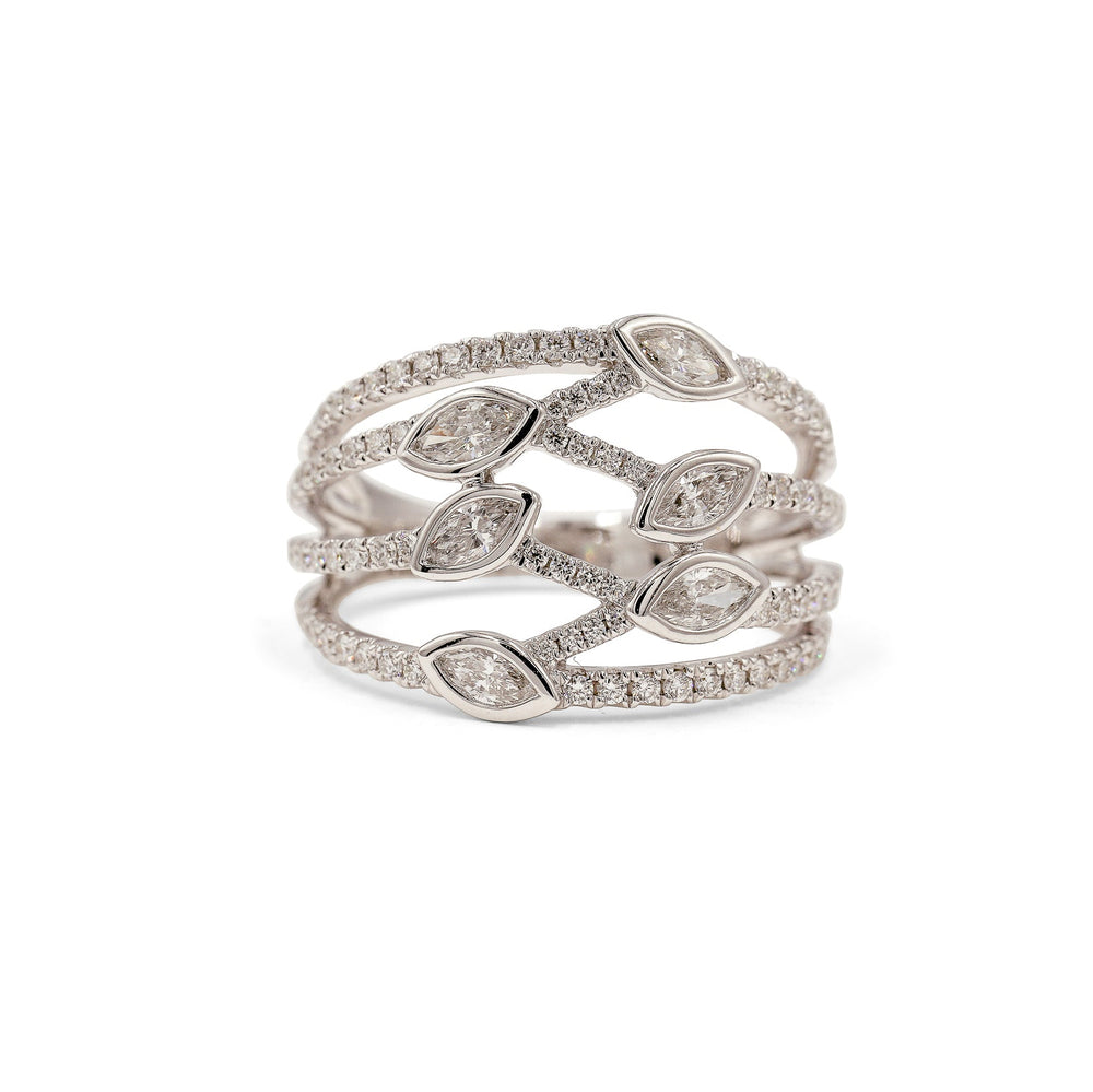 14kw 4-Row Open Marquise & Round Diamond Ring