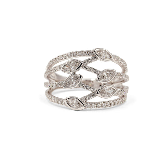 14kw 4-Row Open Marquise & Round Diamond Ring