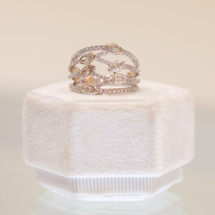 14kw 4-Row Open Marquise & Round Diamond Ring