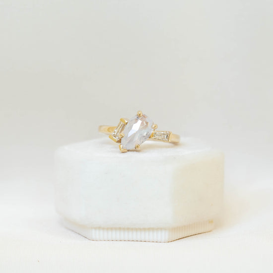 14ky 1.65ct Opalescent Pear Salt & Pepper Asymmetrical Tapered Baguette Diamond Ring