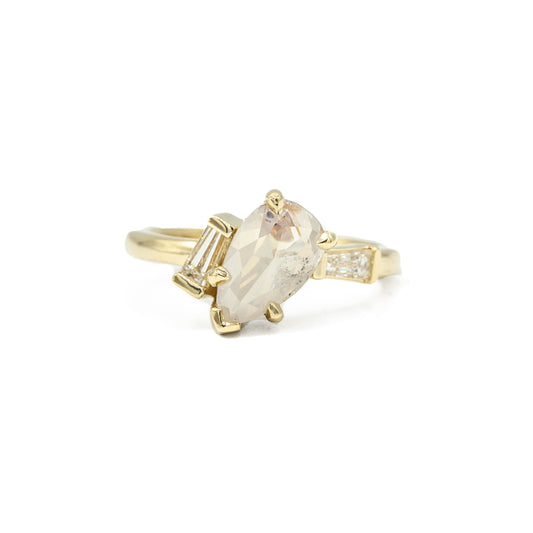 14ky 1.65ct Opalescent Pear Salt & Pepper Asymmetrical Tapered Baguette Diamond Ring