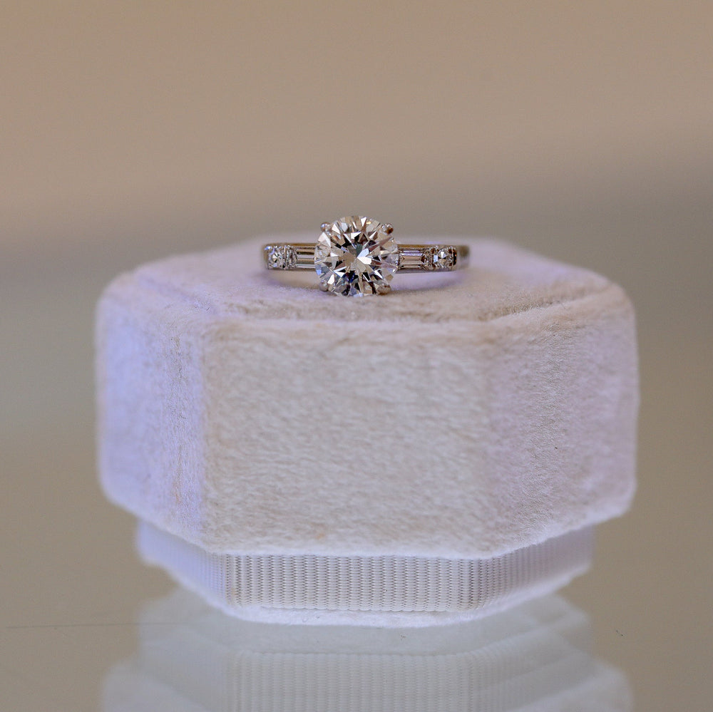 Platinum 1.5ct Vintage Round and Baguette Diamond Ring