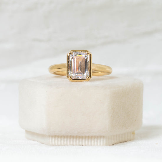 14ky Emerald-Cut Hidden Halo Bezel Diamond Ring