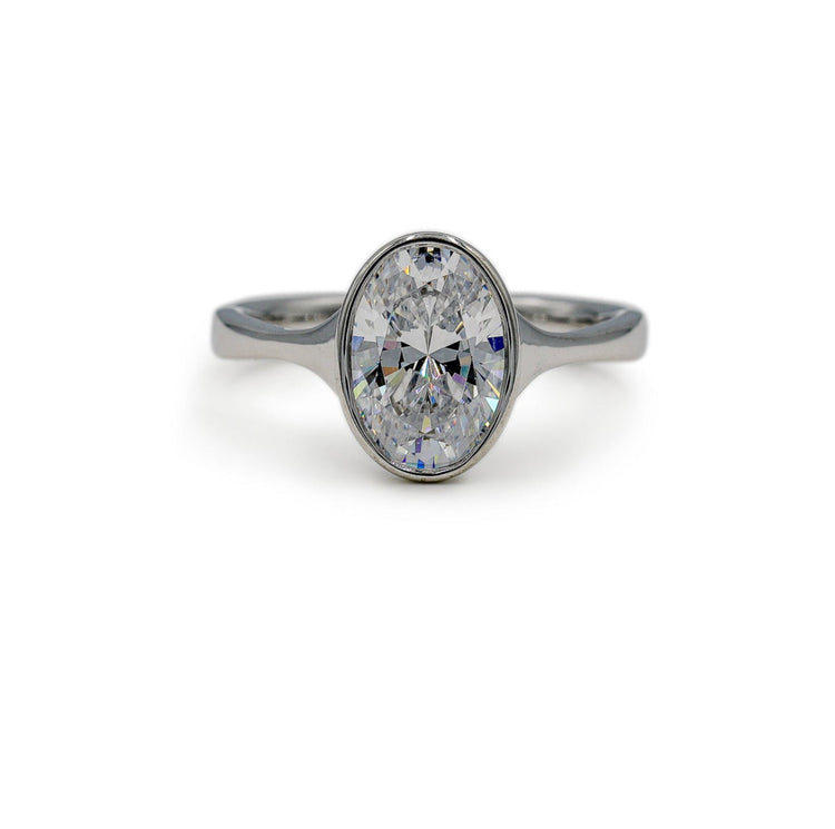 Platinum Oval-Cut Bezel Tapered Cathedral Diamond Ring