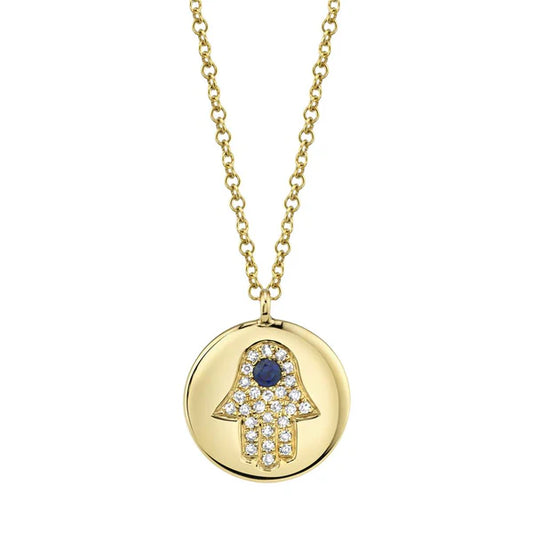 14ky .04ct Sapphire .08ctw Pave Hamsa Disk Necklace