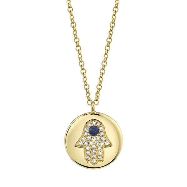 14ky .04ct Sapphire .08ctw Pave Hamsa Disk Necklace