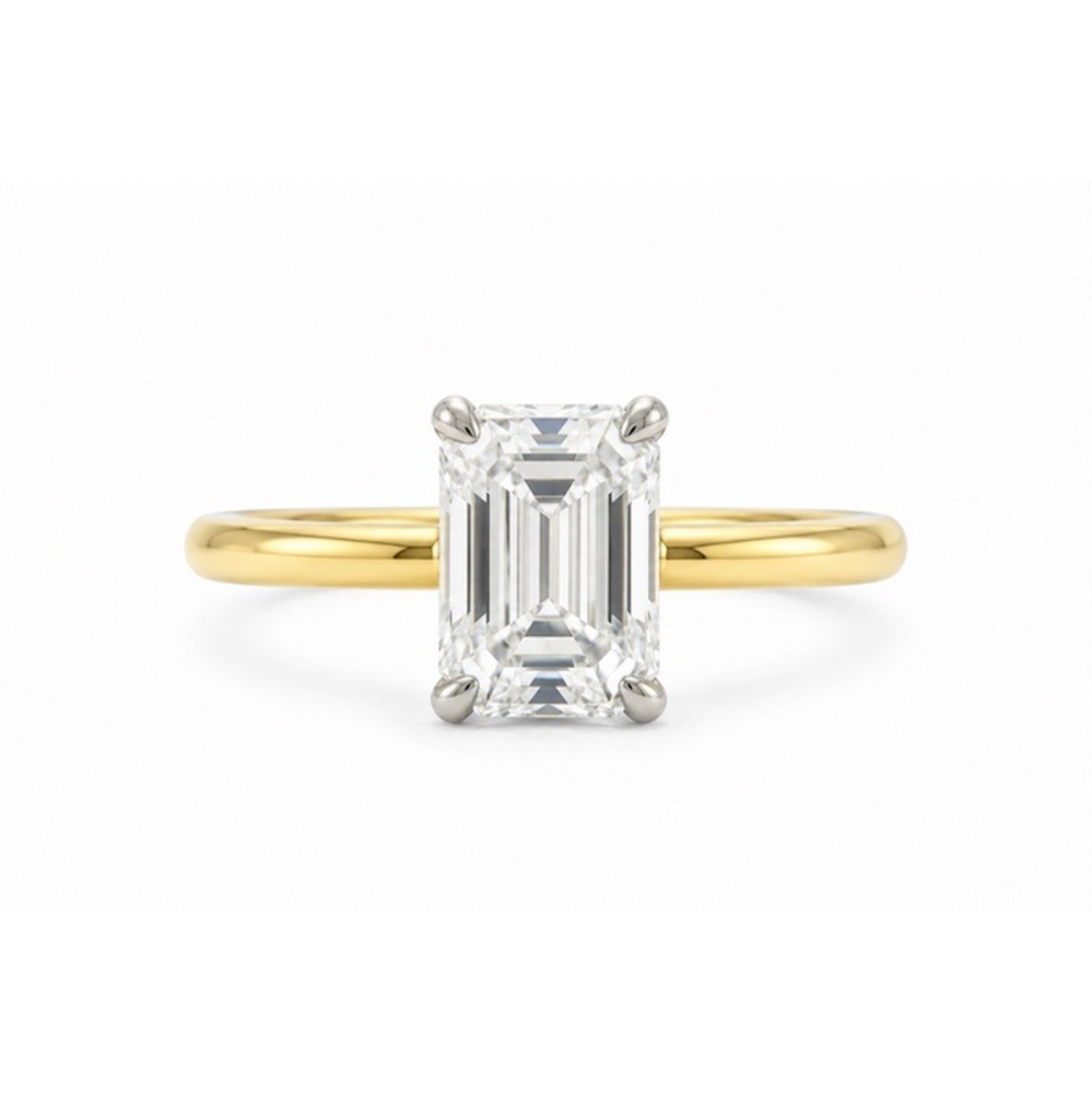 14ky .07ctw Emerald-Cut Solitaire w/ Platinum Hidden Halo Diamond Ring