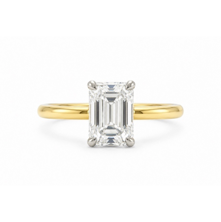 14ky .07ctw Emerald-Cut Solitaire w/ Platinum Hidden Halo Diamond Ring