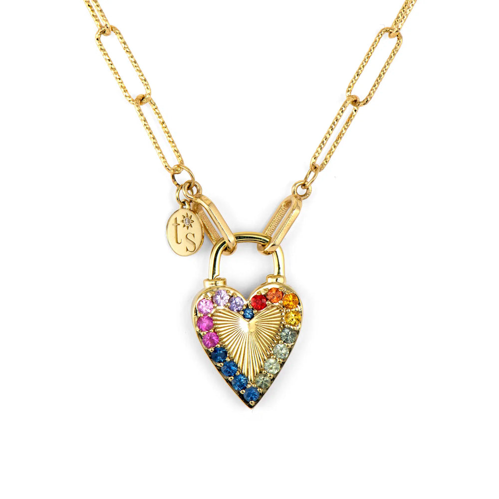 14ky Double Sided Rainbow and Diamond Love Explosion Lock Pendant