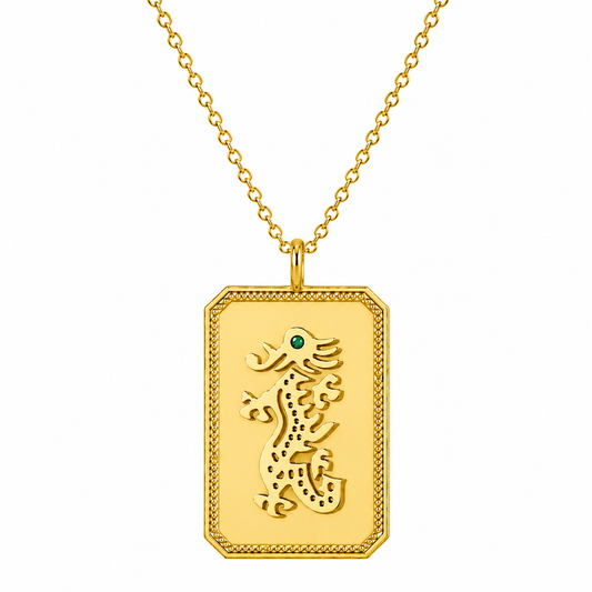 Gold-Plated Mahjong Dragon Charm Necklace With Emerald Gemstone