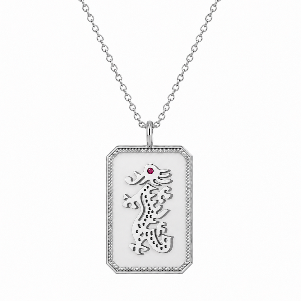 Sterling Silver Mahjong Dragon Charm Necklace With Ruby Gemstone
