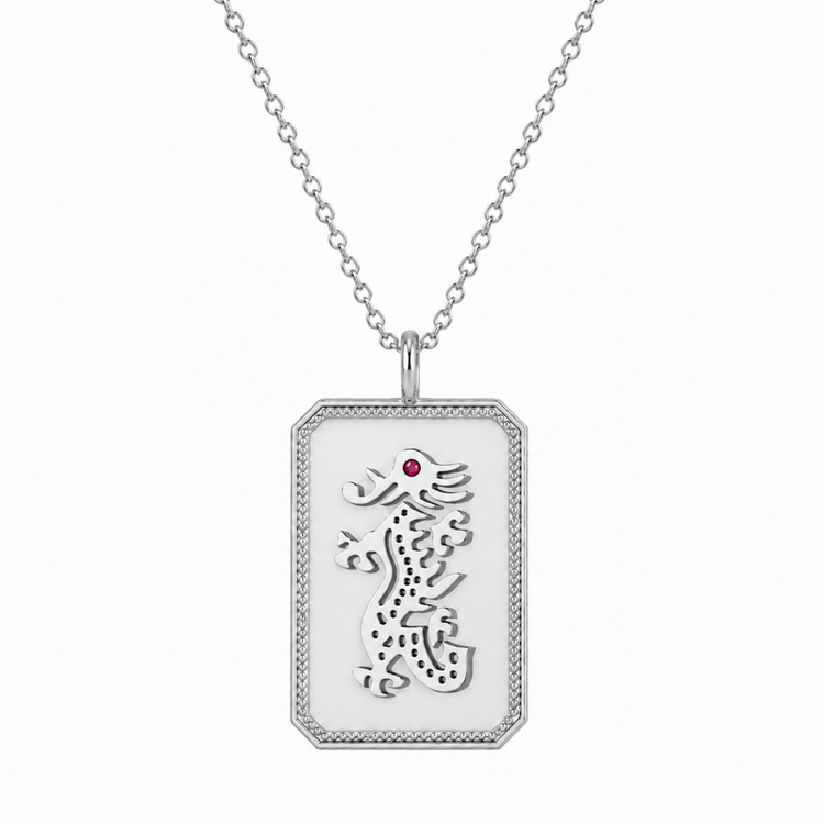 Sterling Silver Mahjong Dragon Charm Necklace With Ruby Gemstone