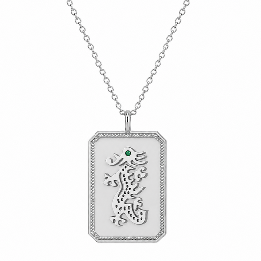 Sterling Silver Mahjong Dragon Necklace with Emerald Gemstone