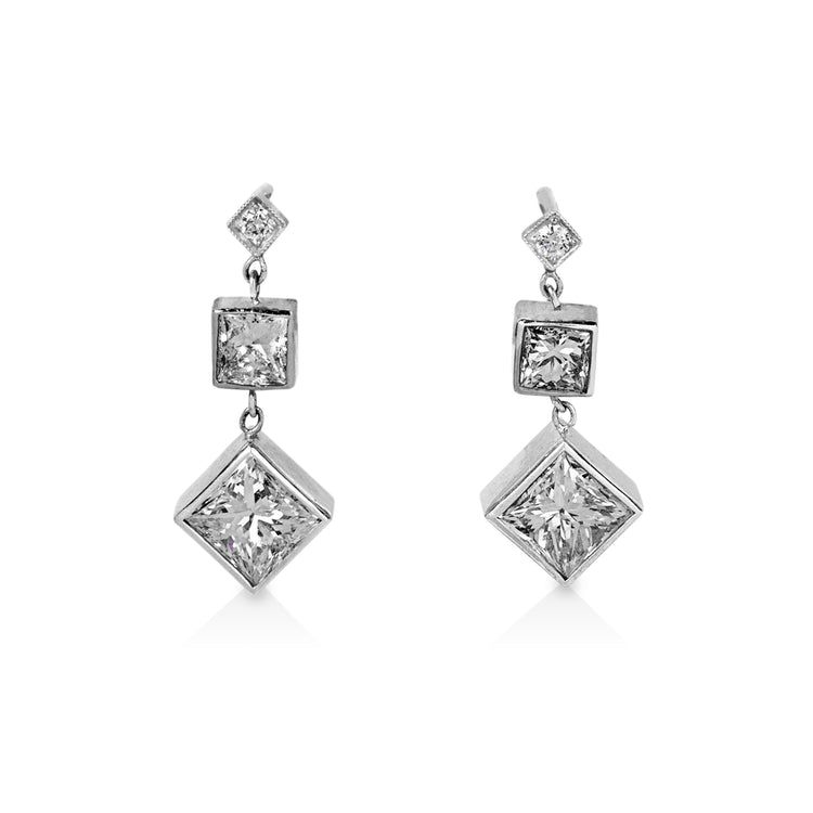 14kw 1.12ctw Princess Bezel Triple Diamond Dangle Earrings