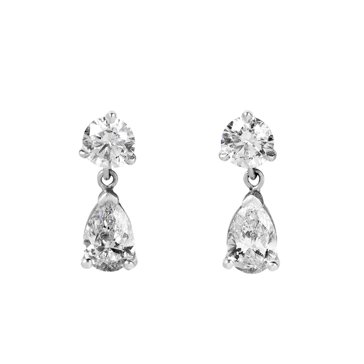14kw 1.03ctw Pear & .80ctw Round Diamond Drop Earrings
