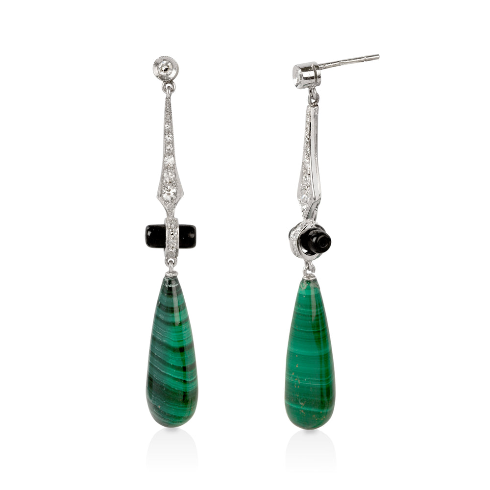 Vintage Platinum .20ctw Art Deco Malachite and Onyx Earrings