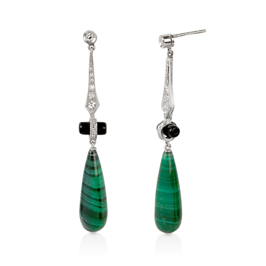 Vintage Platinum .20ctw Art Deco Malachite and Onyx Earrings
