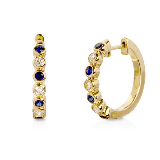 14ky .30ctw Sapphire and .23ctw Diamond Bezel Hoops
