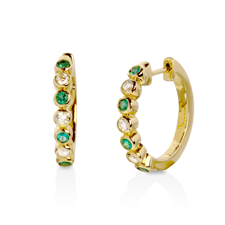 14ky .30ctw Emerald and .23ctw Diamond Bezel Hoops