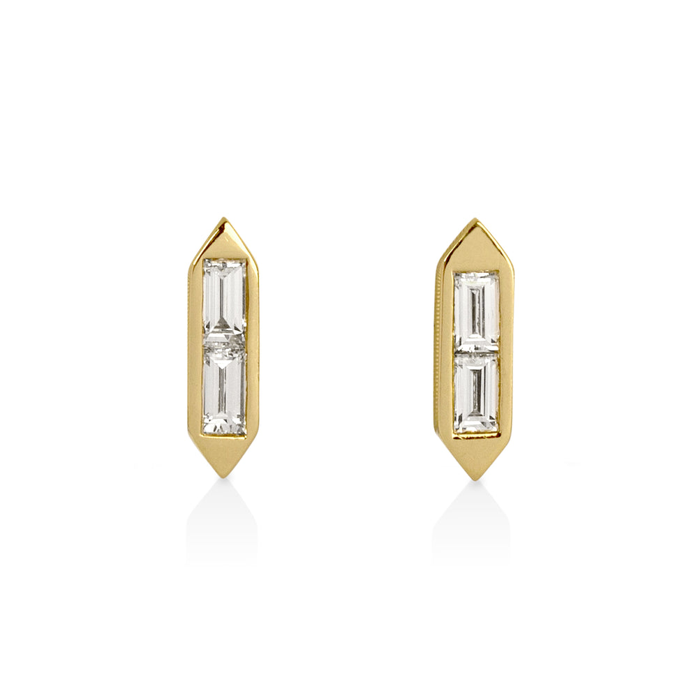 14ky .18ctw Double Baguette Hex-Shaped Diamond Earrings