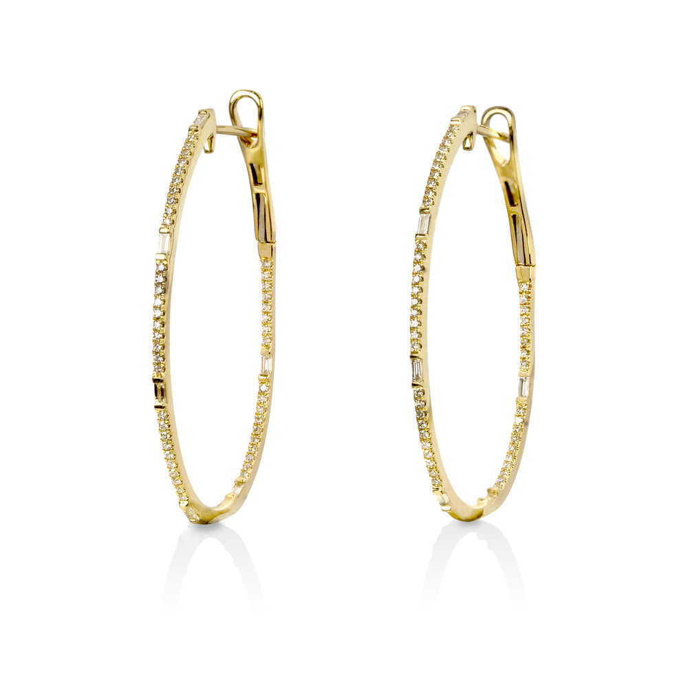 14ky .44ctw Pave Baguette Oval Diamond Hoops