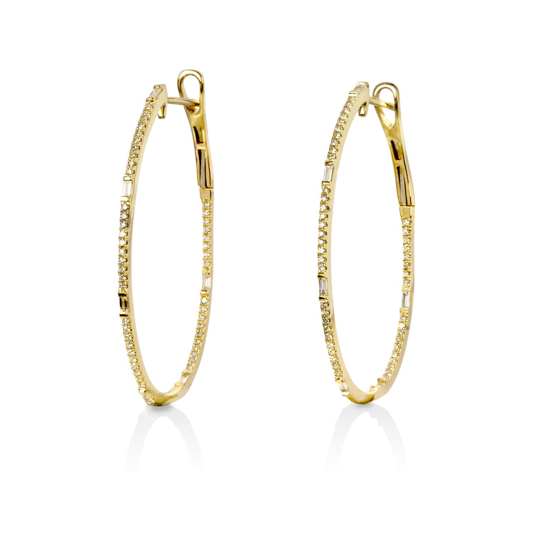 14ky .44ctw Pave Baguette Oval Diamond Hoops