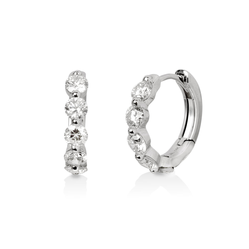 14kw .92ctw Single Shared Prong Diamond Huggie Earrings