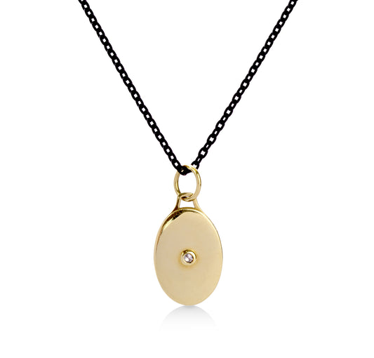18ky Oval Half Locket With Diamond & Black Steel Chain