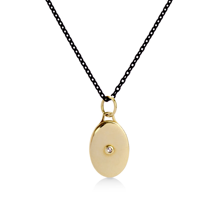 18ky Oval Half Locket With Diamond & Black Steel Chain