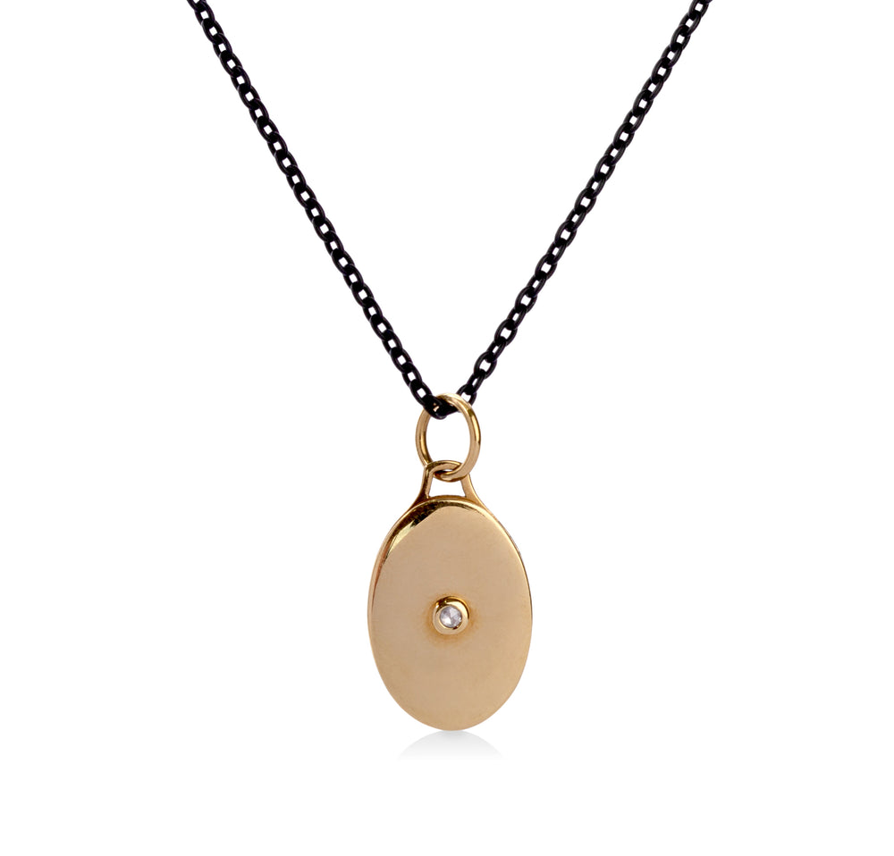 18ky Oval Half Locket With Diamond & Black Steel Chain