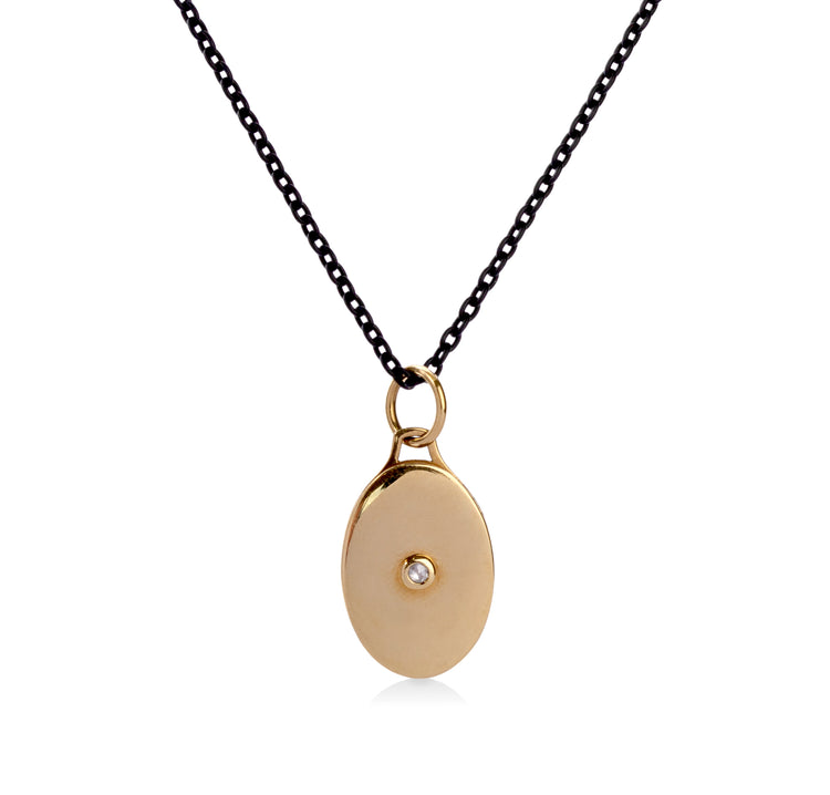 18ky Oval Half Locket With Diamond & Black Steel Chain