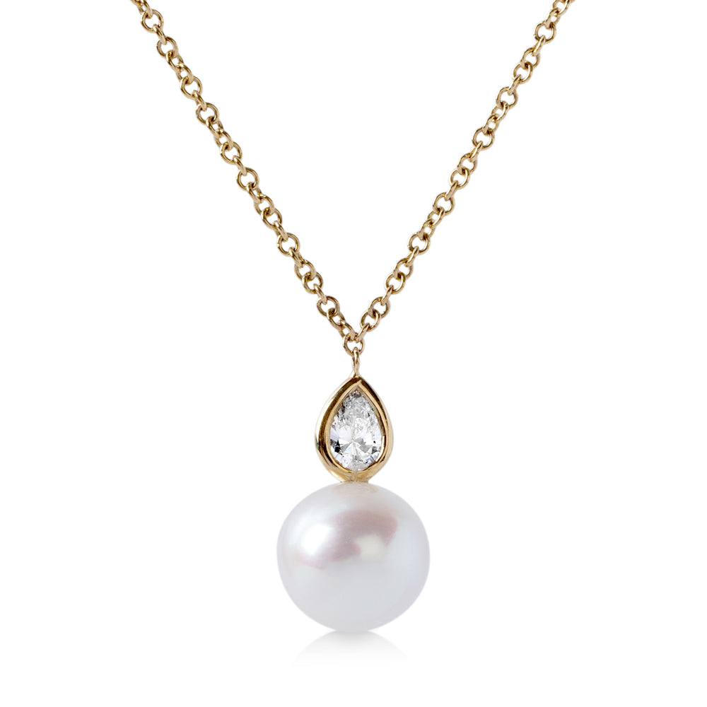 14ky .15ctw Pear-Shaped Diamond & Pearl Drop Necklace