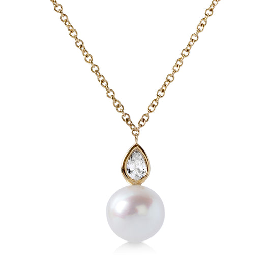 14ky .15ctw Pear-Shaped Diamond & Pearl Drop Necklace