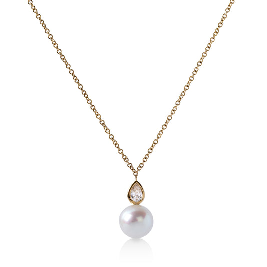 14ky .15ctw Pear-Shaped Diamond & Pearl Drop Necklace